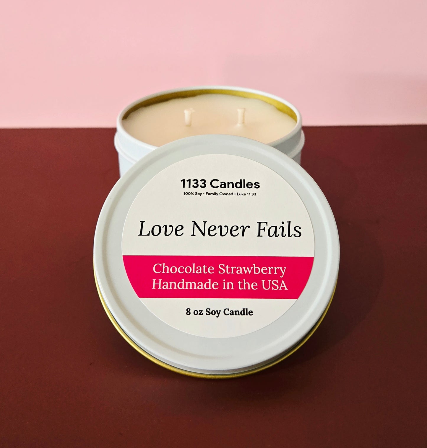 8oz Chocolate Strawberry Soy Candle | Love Never Fails | Christian Candle