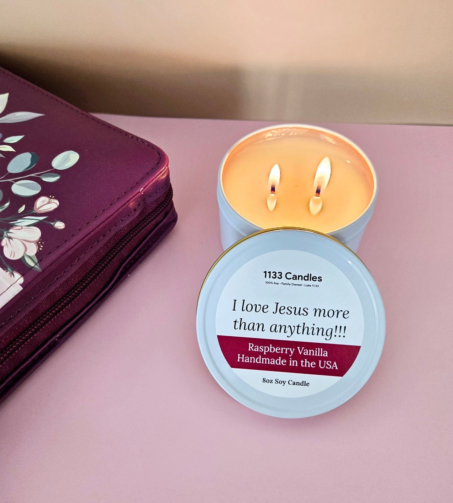 8oz Raspberry Vanilla Soy Candle | Christian Candle | I Love Jesus