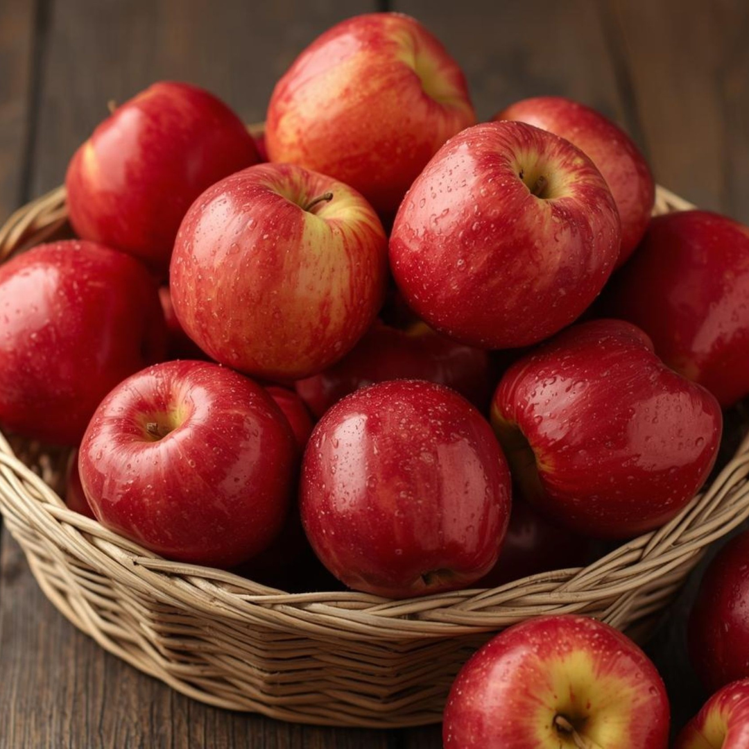 A basket filled with glossy red apples on a dark wooden surface. The apples have visible water droplets and a mix of red and yellow tones.