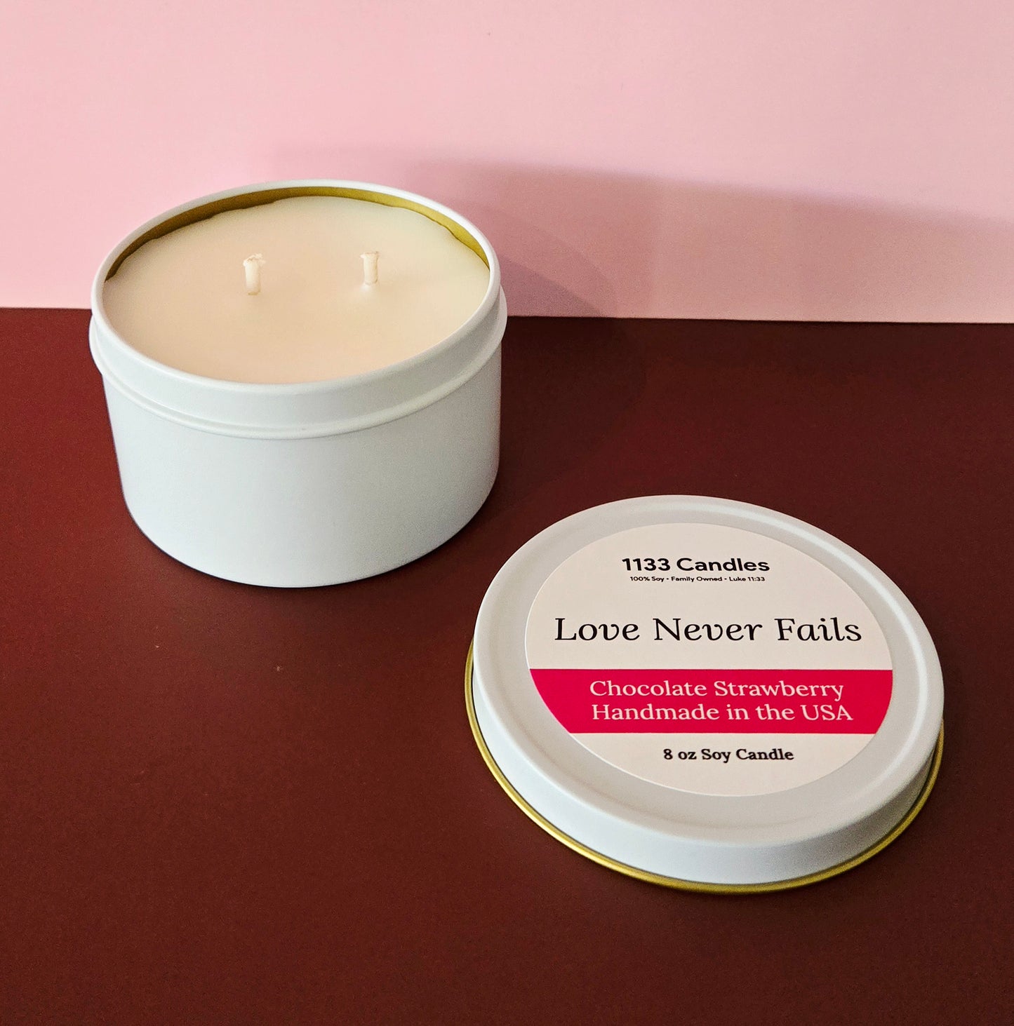 8oz Chocolate Strawberry Soy Candle | Love Never Fails | Christian Candle