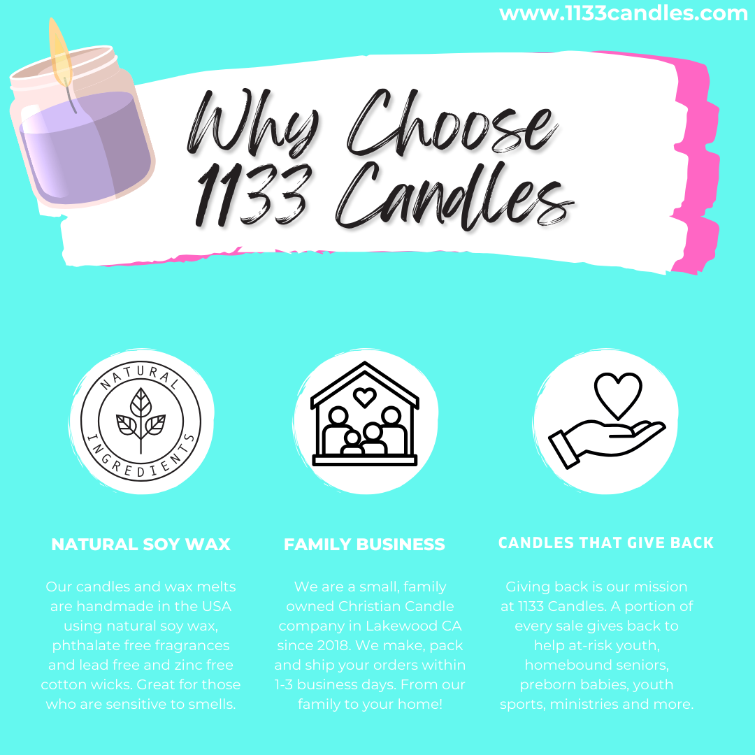 Why choose 1133 candles for their natural ingredients, family business and giving back a portion of sales to a non-profit each month.